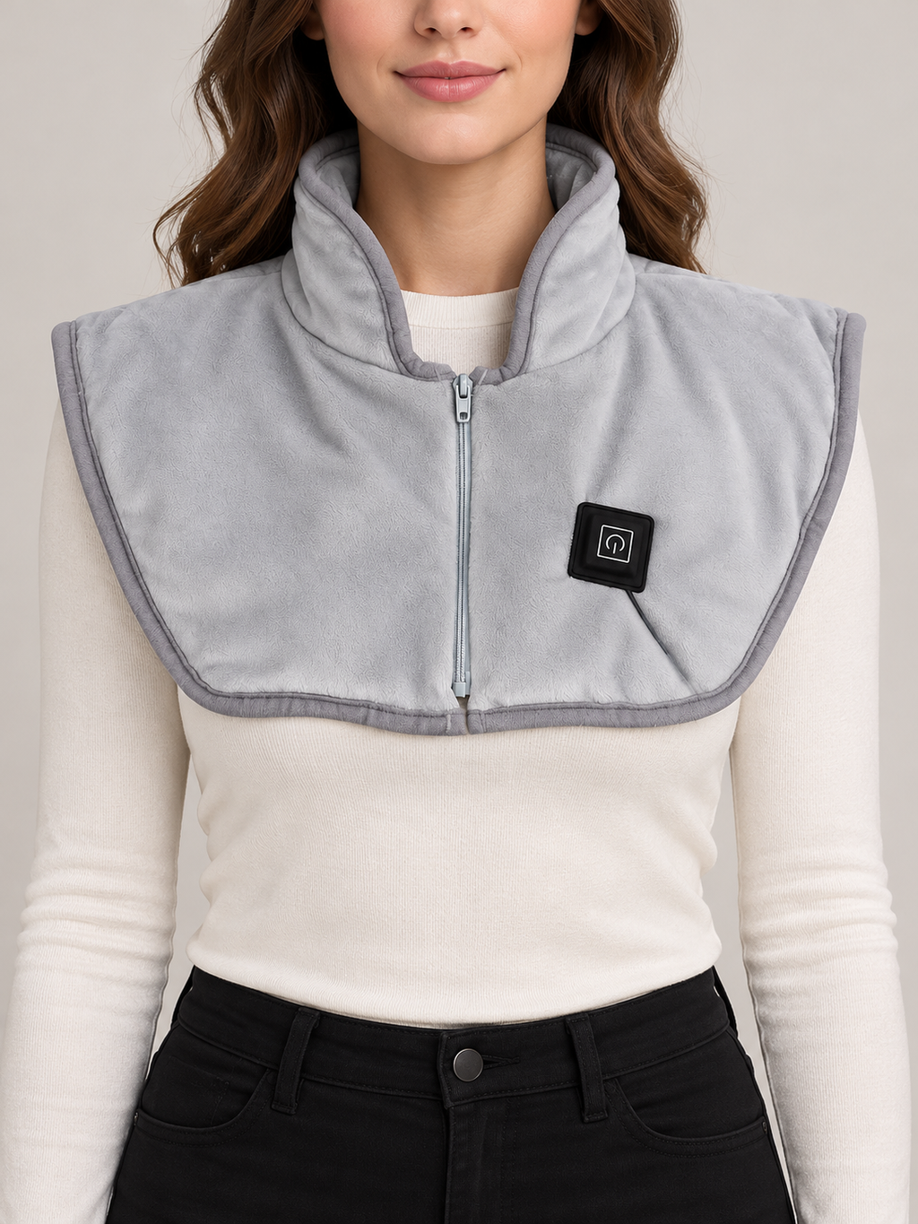 grey heated neck and shoulder wrap with front zip and black control, front view