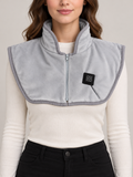 grey heated neck and shoulder wrap with front zip and black control, front view