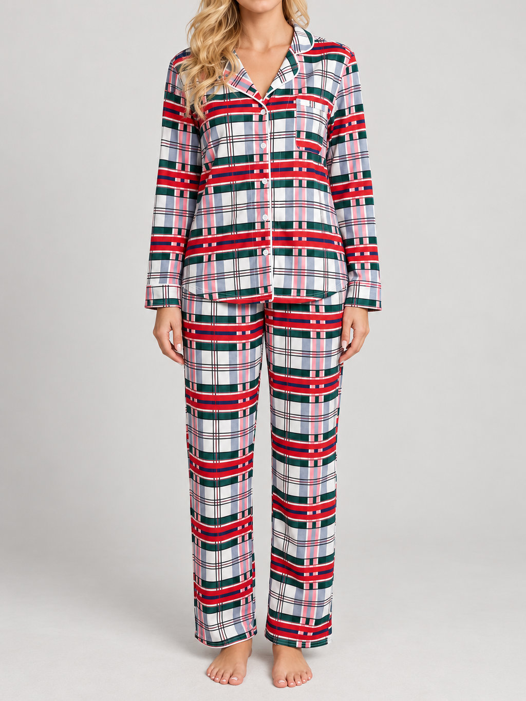red white and dark green plaid button-front pajama set, front view