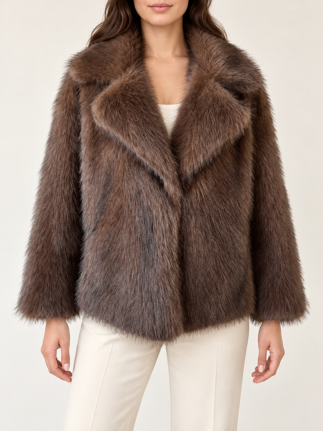 Coffee brown short plush faux-fur coat with broad notched collar, front view