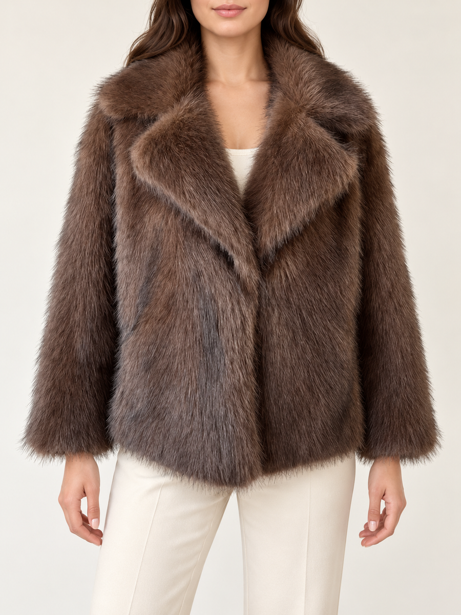 Coffee brown short plush faux-fur coat with broad notched collar, front view