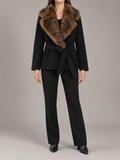 black short belted coat with brown segmented faux-fur shawl collar, straight sleeves and fabric waist tie, front view on a model