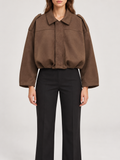brown suede-touch cropped bomber with voluminous sleeves and gathered hem, front view on a model