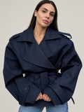 Navy belted trench, front upper-body detail, front view