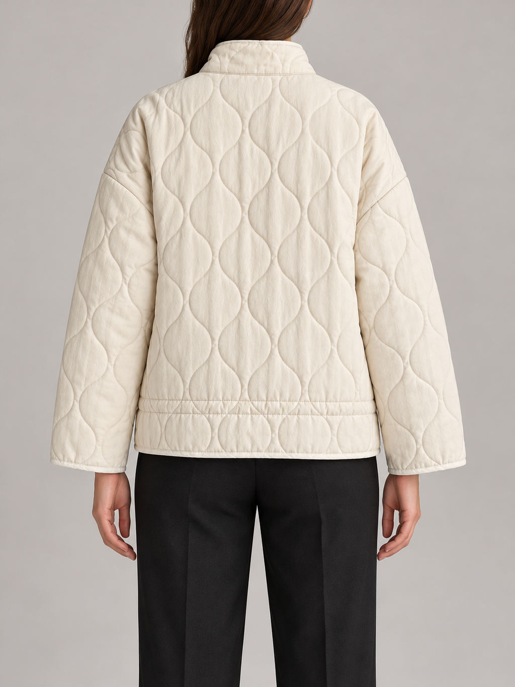 ivory wave-quilted stand-collar jacket with two large patch pockets, back view