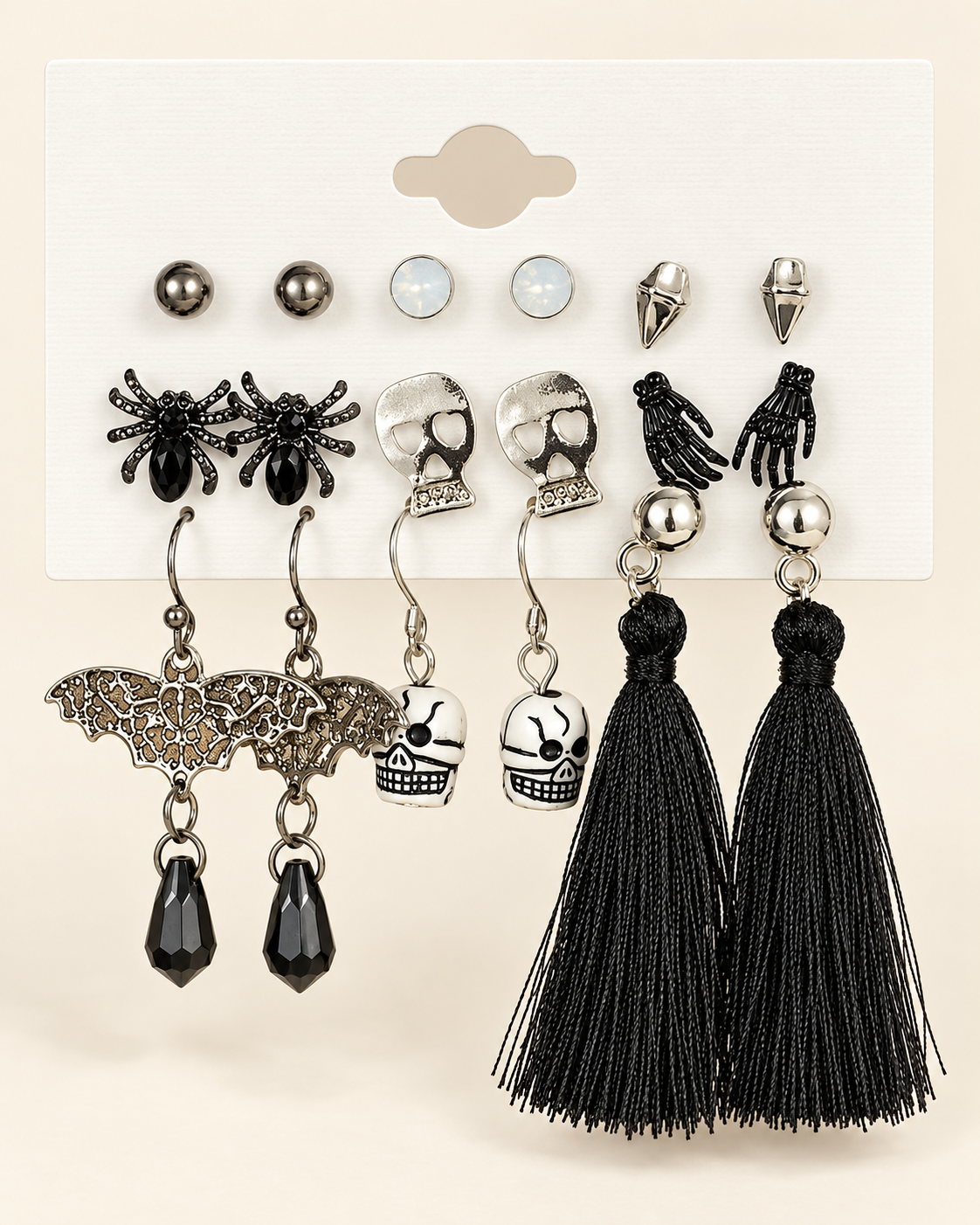 The nine-pair Halloween earring set on an ivory display card.