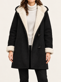 Black hooded toggle parka, front view on a model