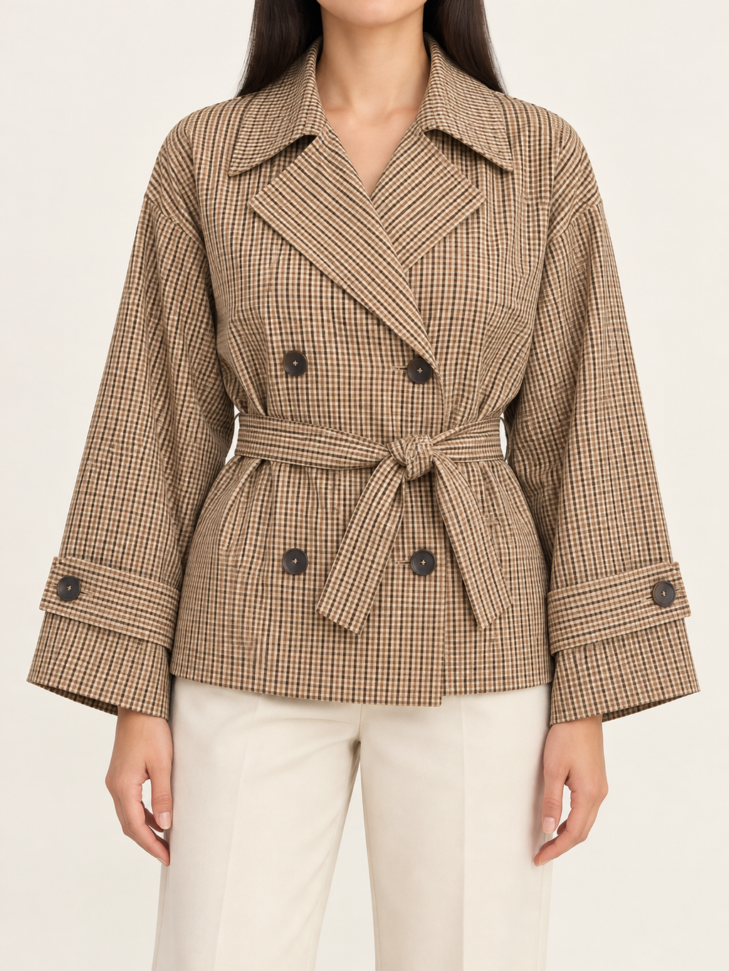 Tan checked double-breasted belted jacket, front view on model