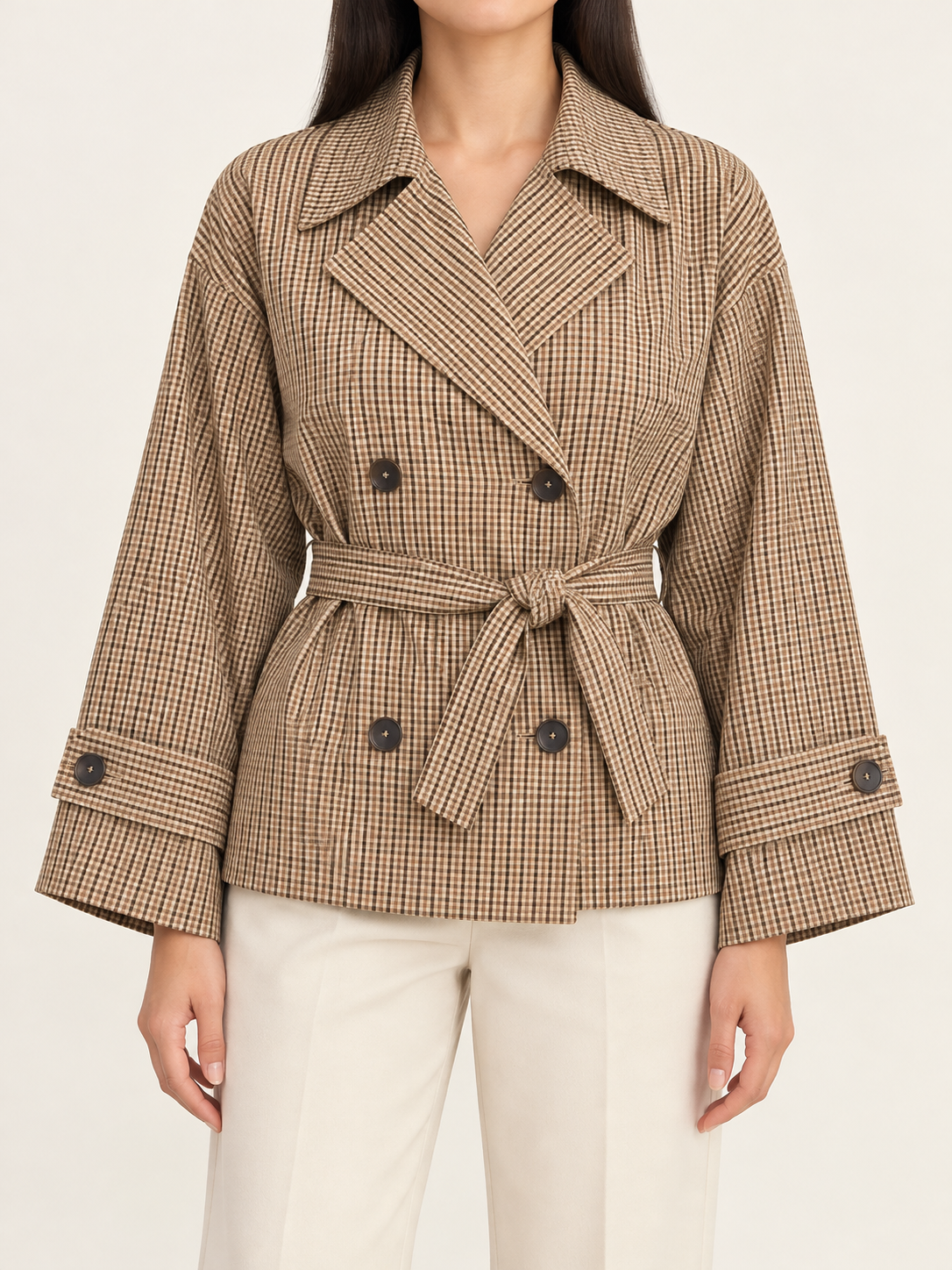 Tan checked double-breasted belted jacket, front view on model
