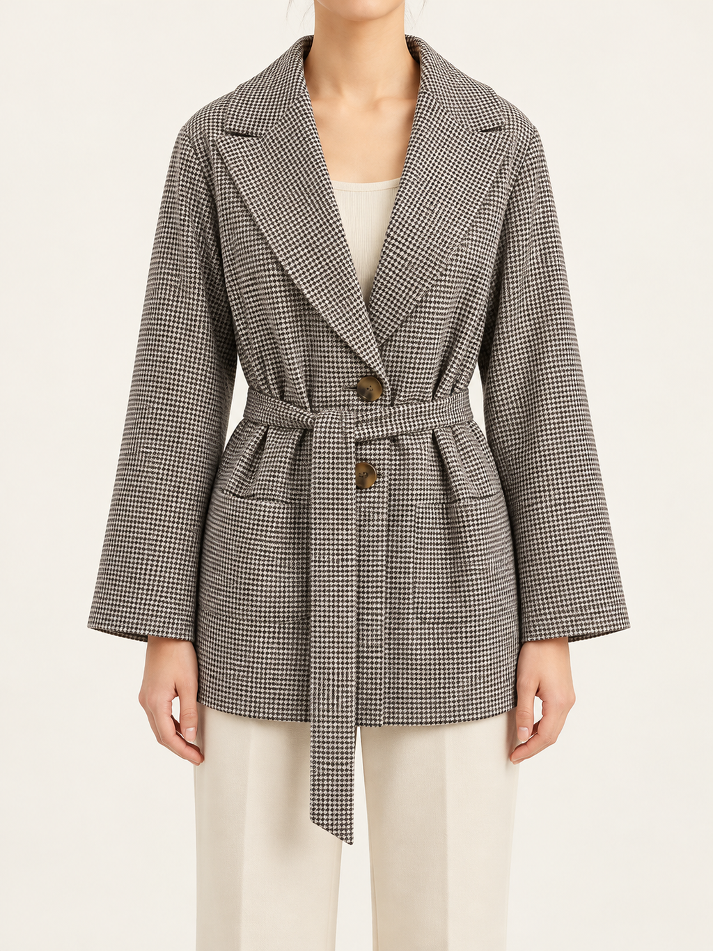 Pattern B belted jacket, front view on model