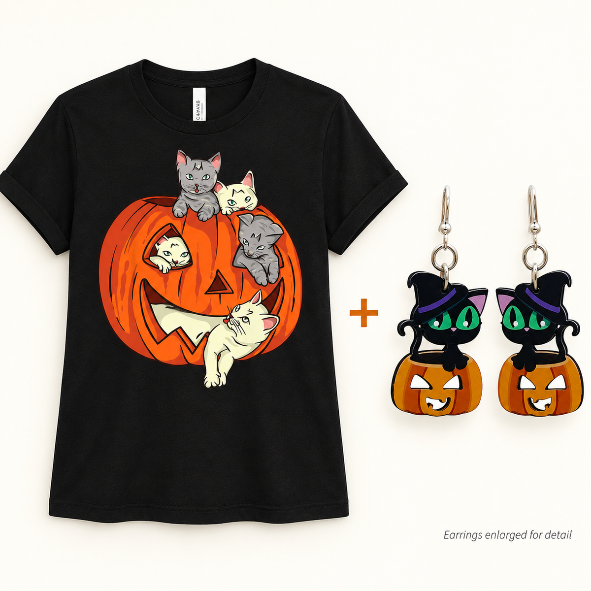 Bundle includes one Pumpkin Cat T-shirt and one pair of cat earrings, shown side by side. Earrings enlarged for detail.