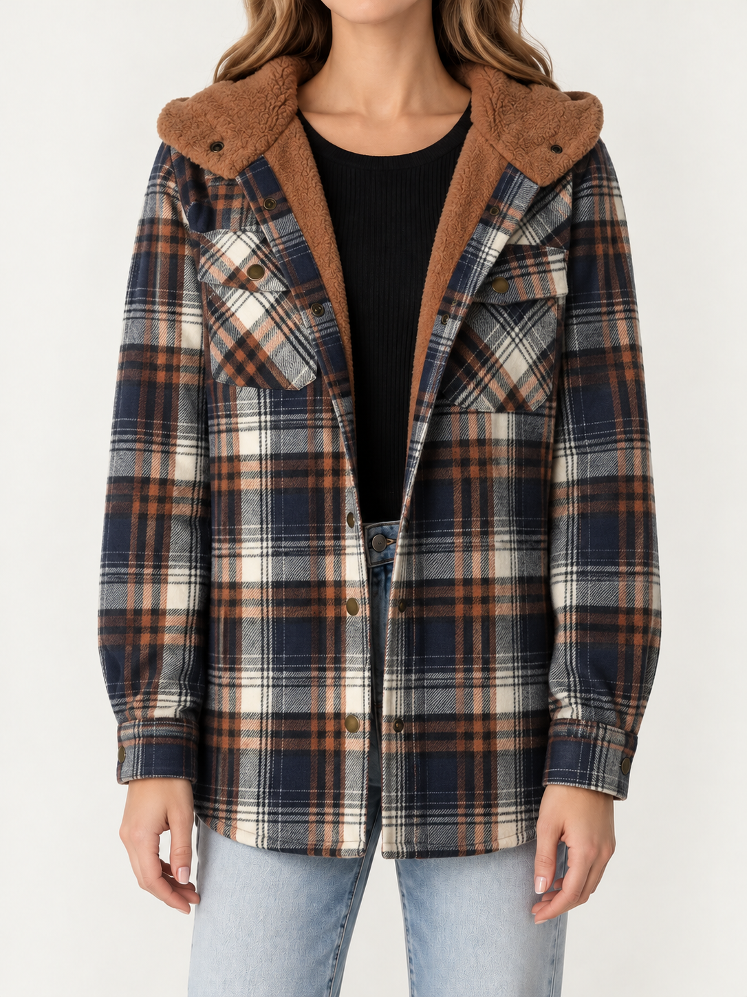 Brown Plaid sherpa-lined shacket, front view on a model