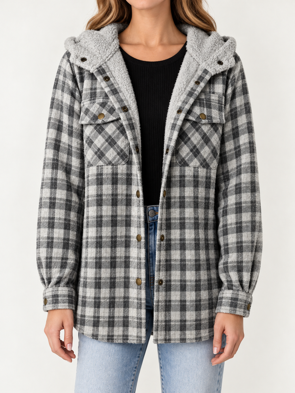 Grey Plaid sherpa-lined shacket, front view on a model