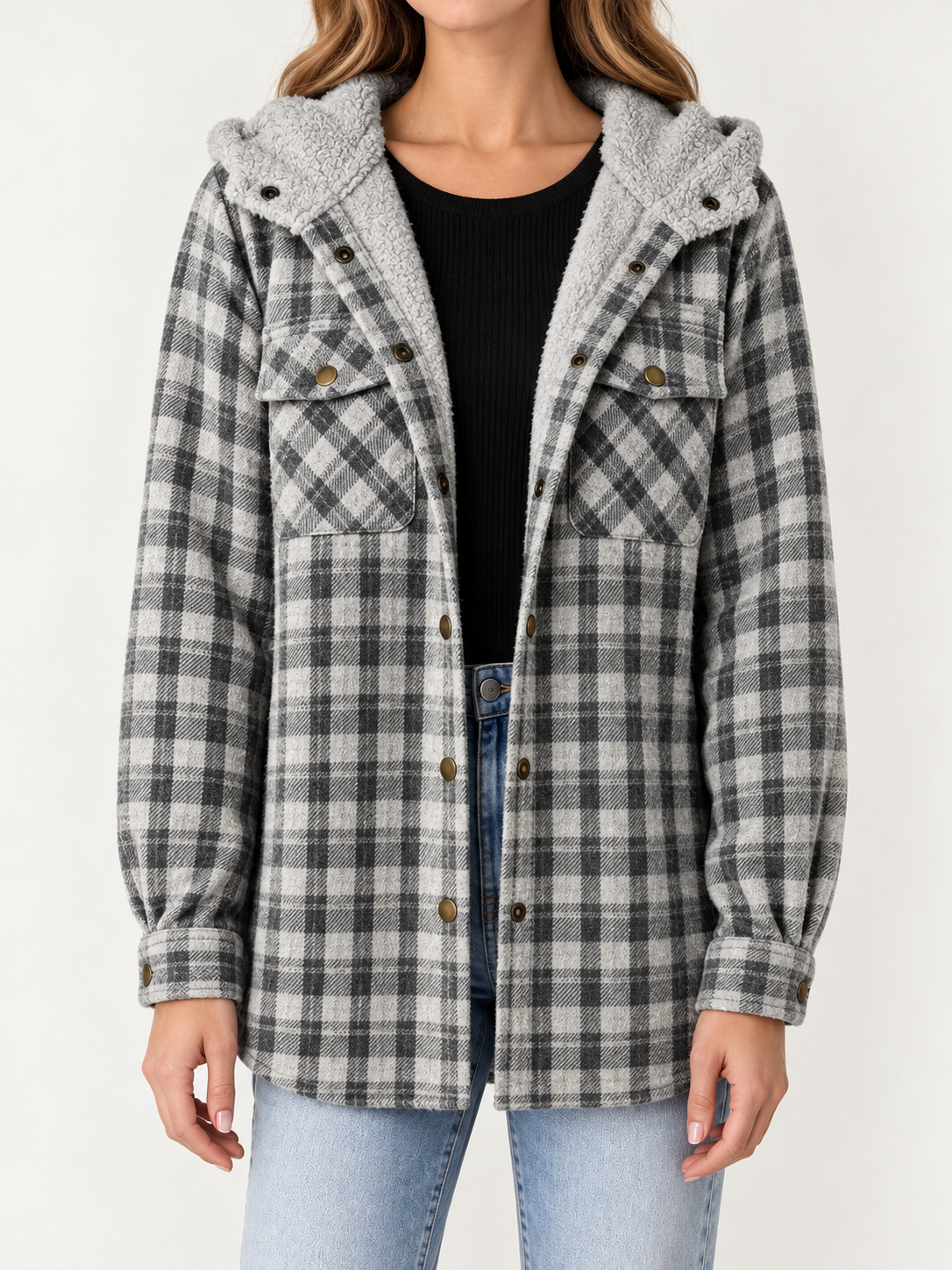 Grey Plaid sherpa-lined shacket, front view on a model