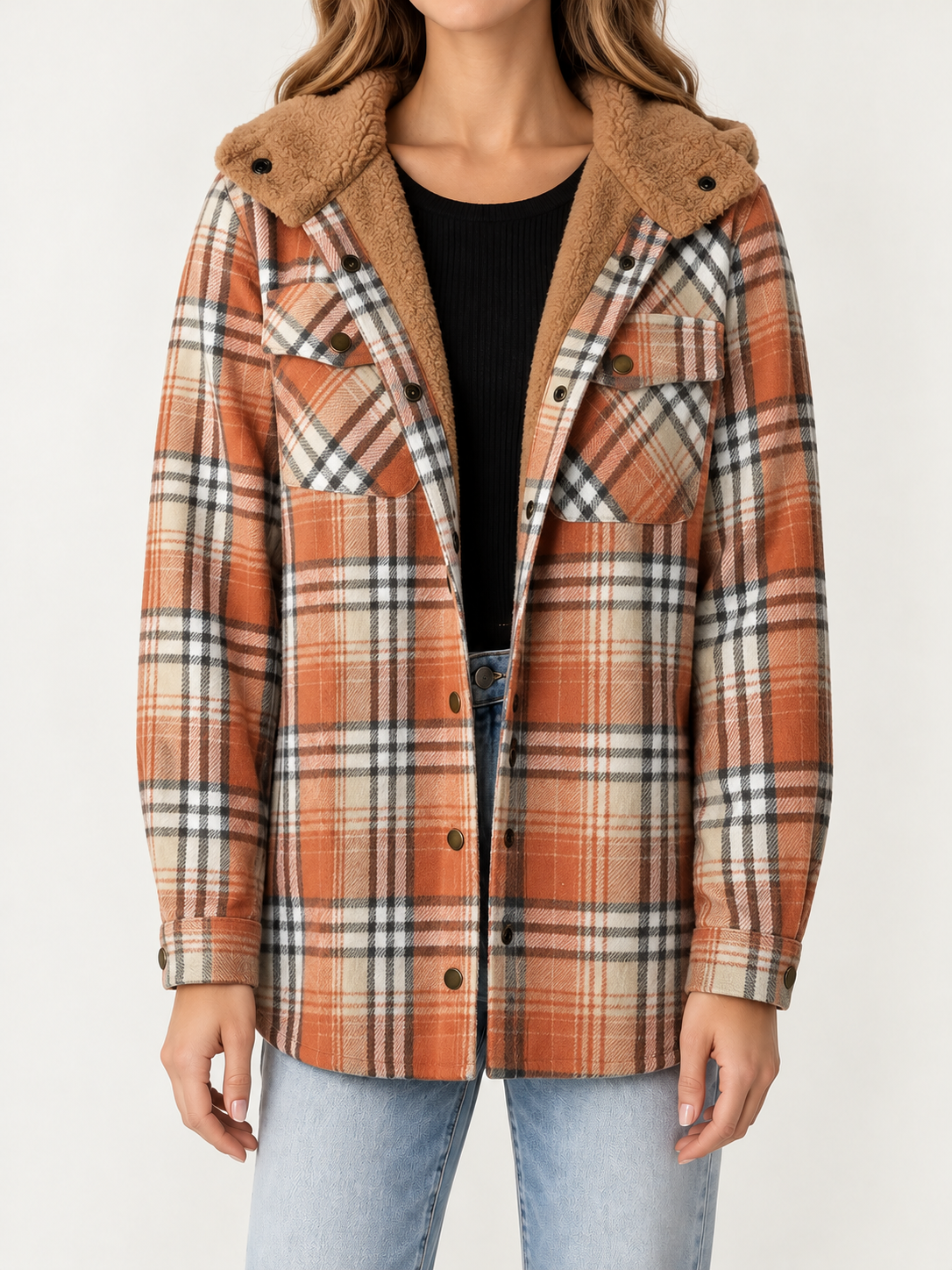 Orange Plaid sherpa-lined shacket, front view on a model