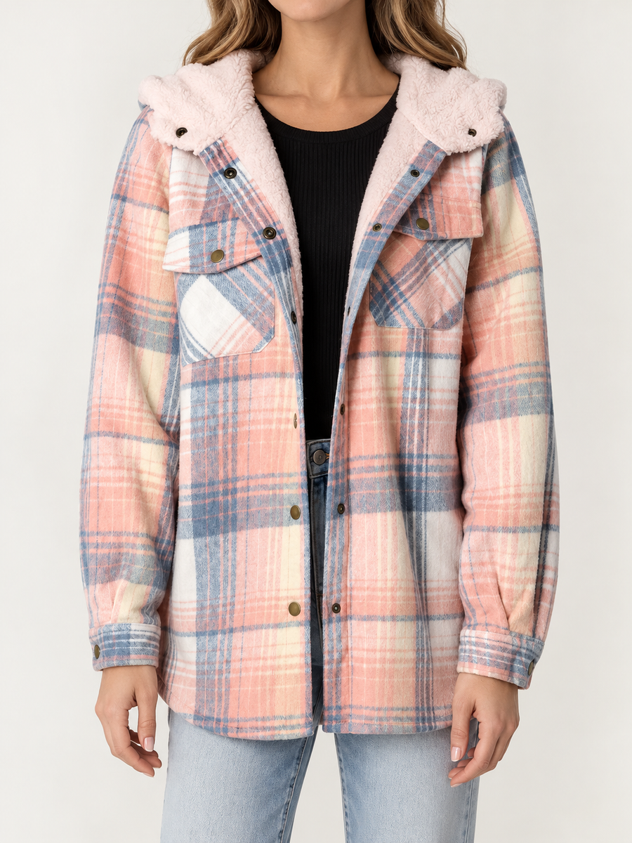 Pink Plaid plaid sherpa-lined shacket, front view on a model