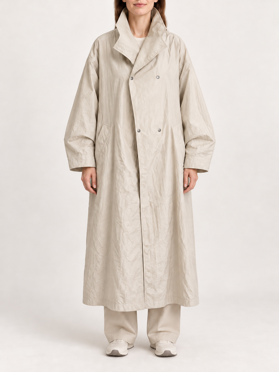 Apricot – Long trench coat, front view on model