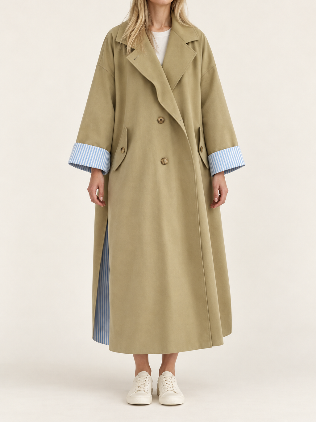Dark Khaki – Long trench coat, front view on model