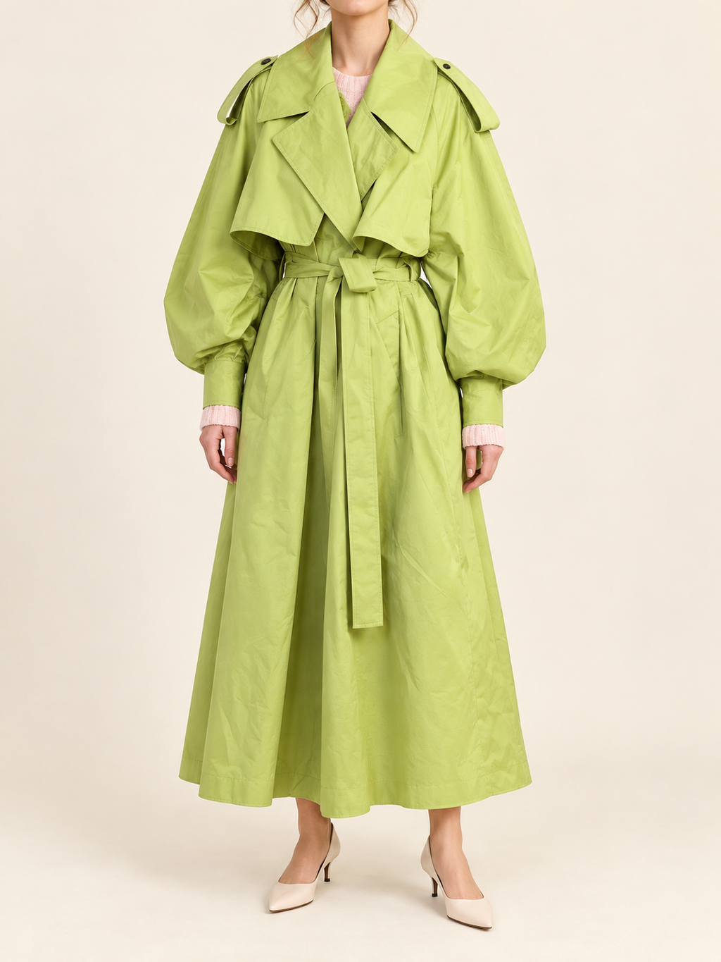 Green – Long trench coat, front view on model
