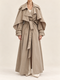 Khaki – Long belted jacket, front view on model
