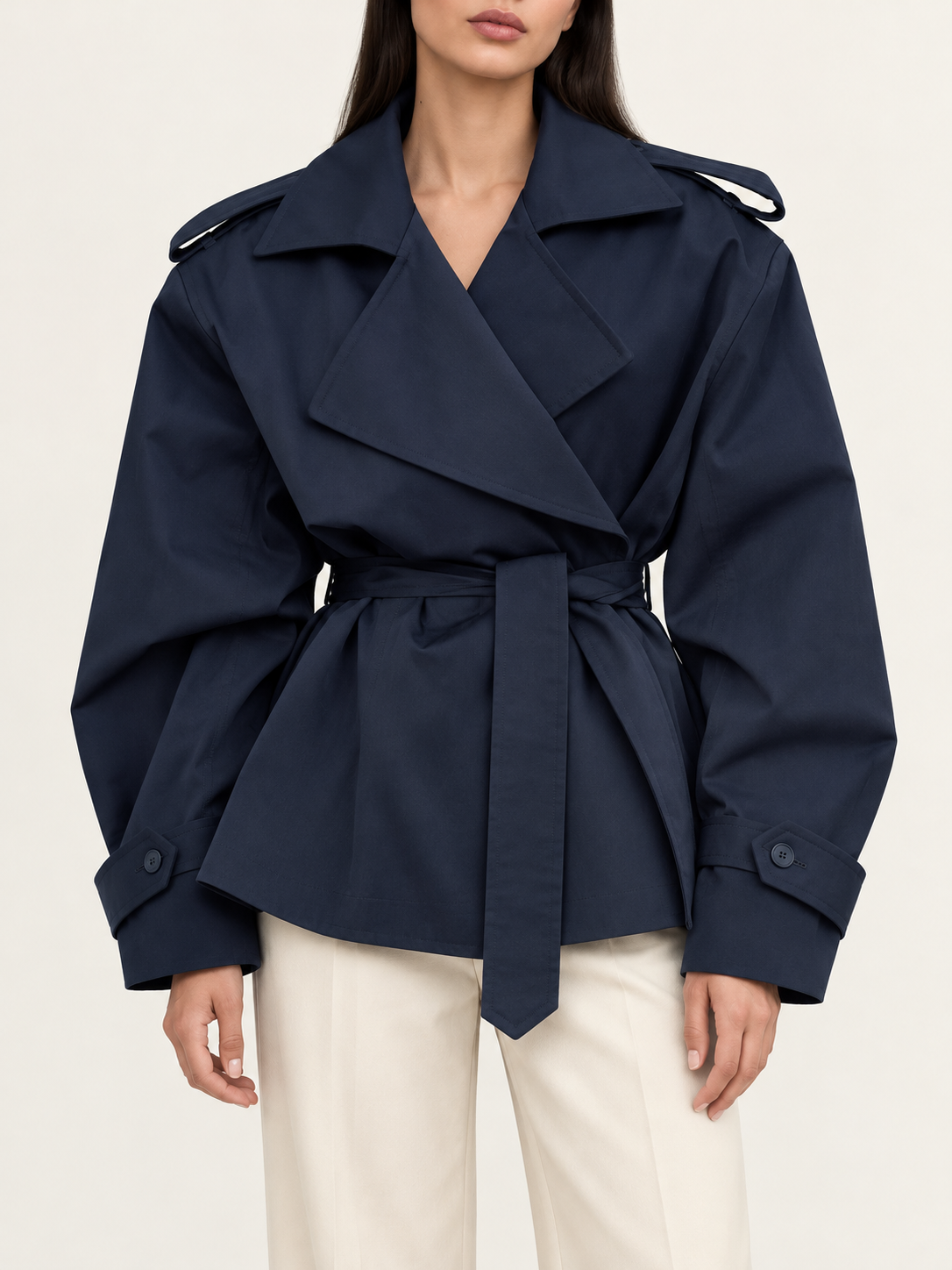 Navy – Short trench coat, front view on model