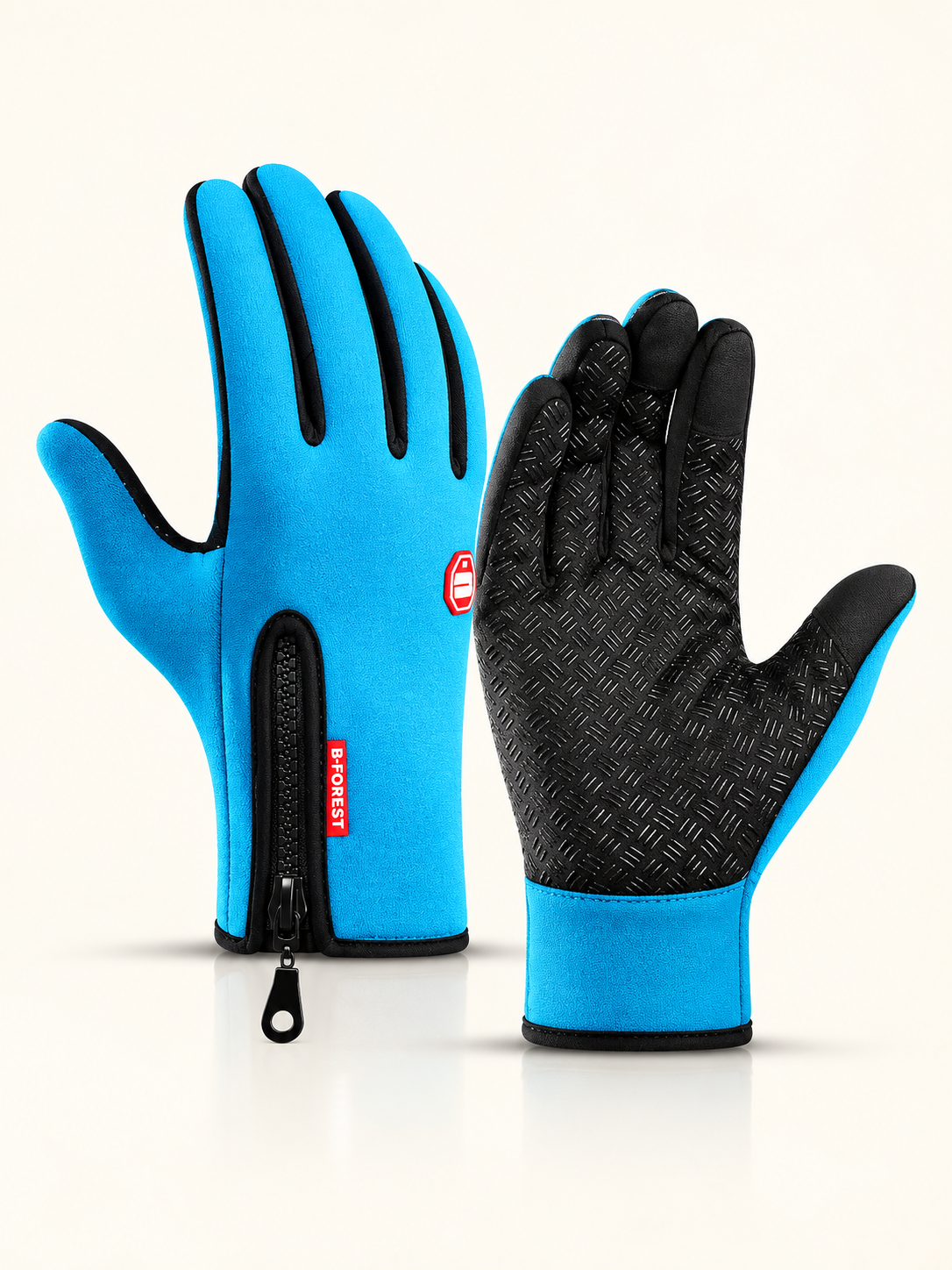 Light blue thermal gloves, back-of-hand and palm views, front view