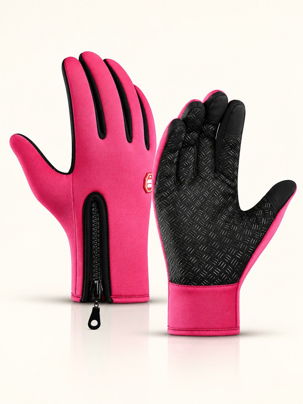 Rose red thermal gloves, back-of-hand and palm views, front view