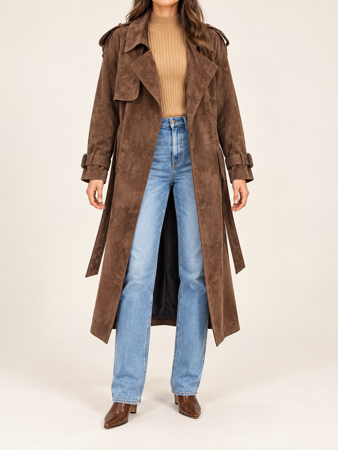 Coffee brown long coat, front view on model