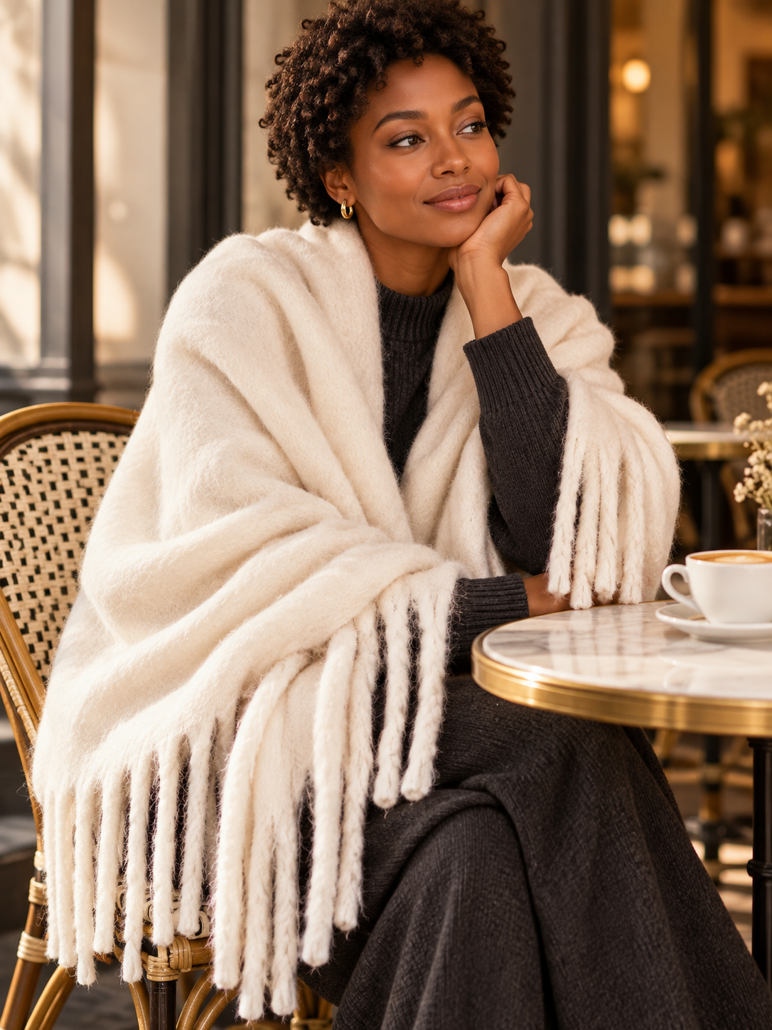 The Tassel Pashmina Wrap Scarf — Ivory — An easy shoulder layer