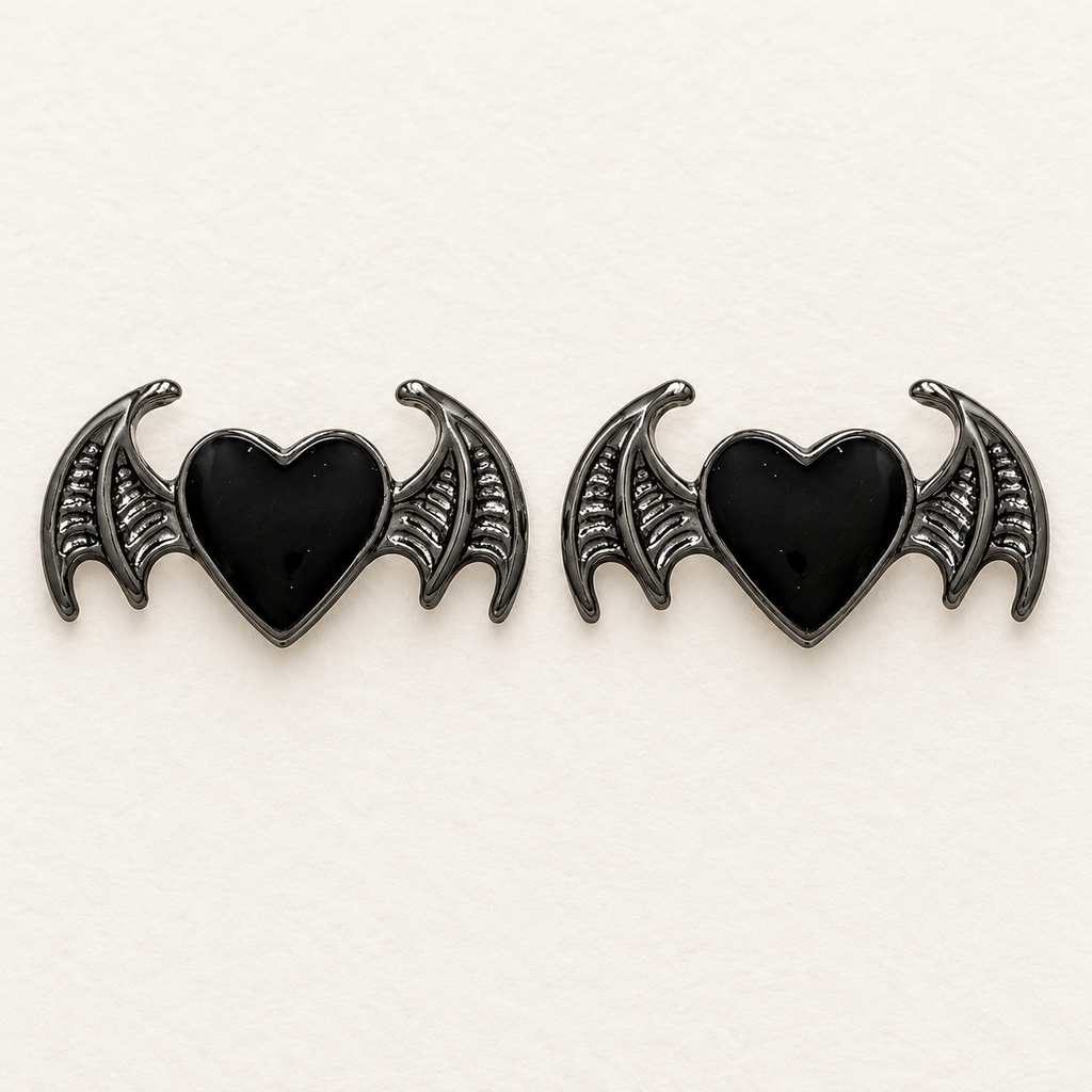 AI-assisted detail of the bat-heart pair included in the three-pair Halloween earring set