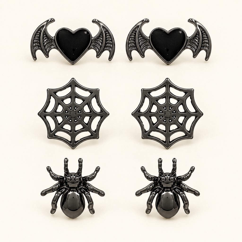 Halloween Earrings — 3-Pair Spider, Web & Bat Set; front view.
