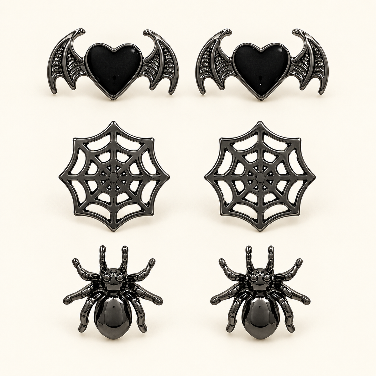 Halloween Earrings — 3-Pair Spider, Web & Bat Set; front view.