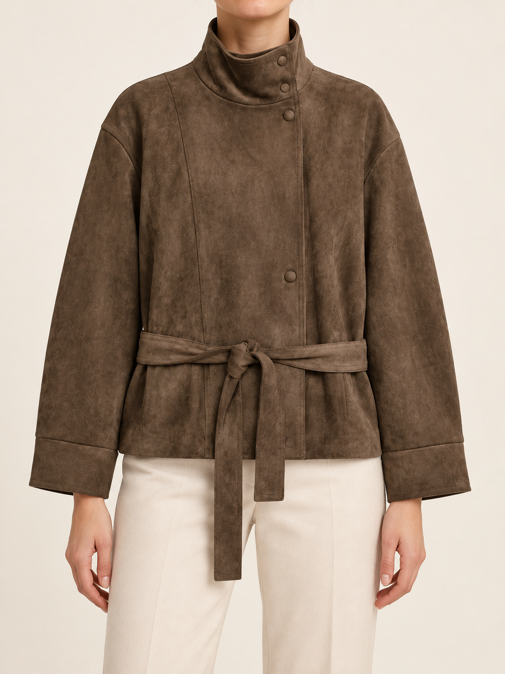 Brown tie-waist jacket with stand collar, front view on model