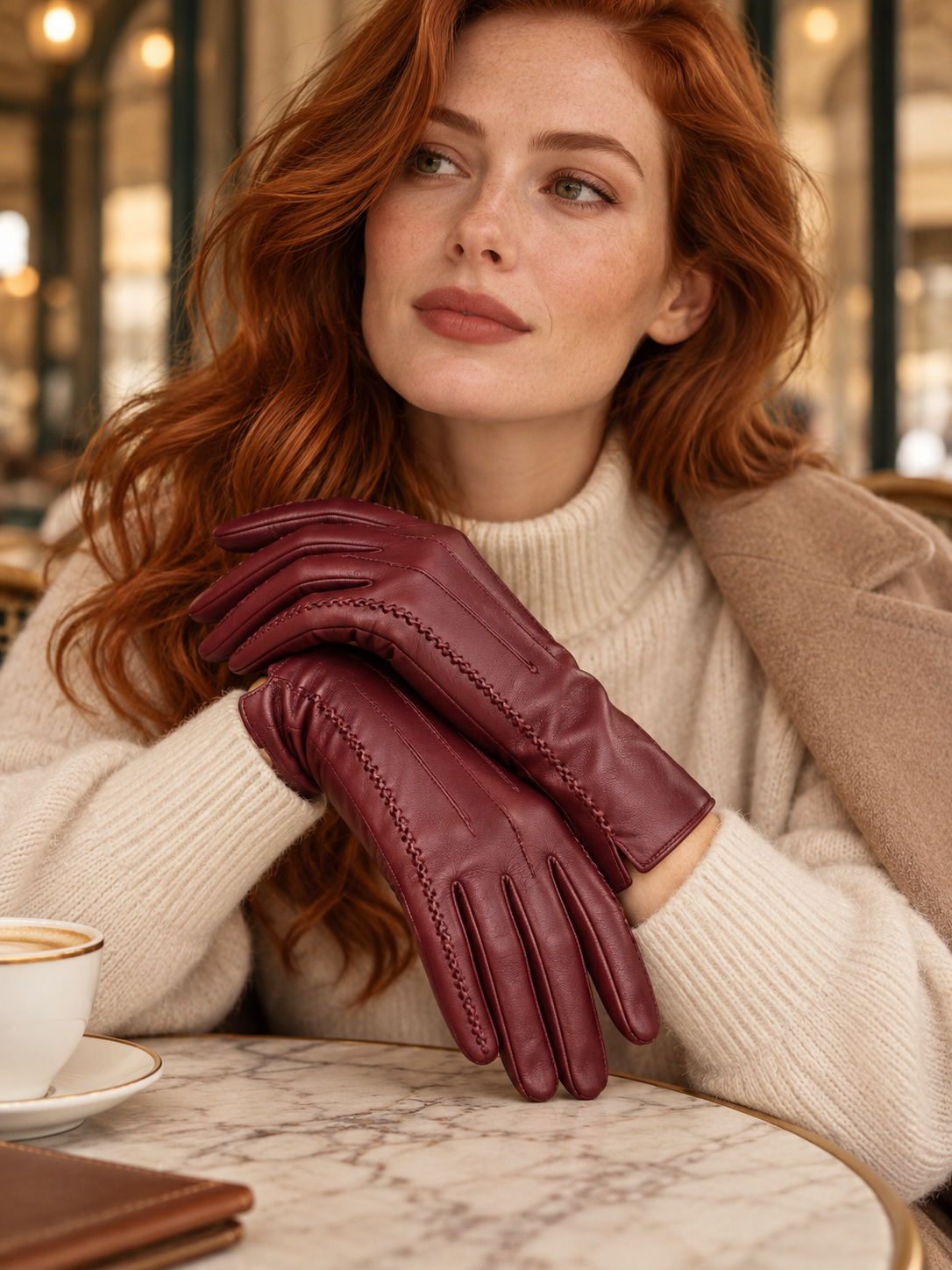 The Velvet-Lined Sheepskin Gloves — Burgundy Standard — Coffee in hand