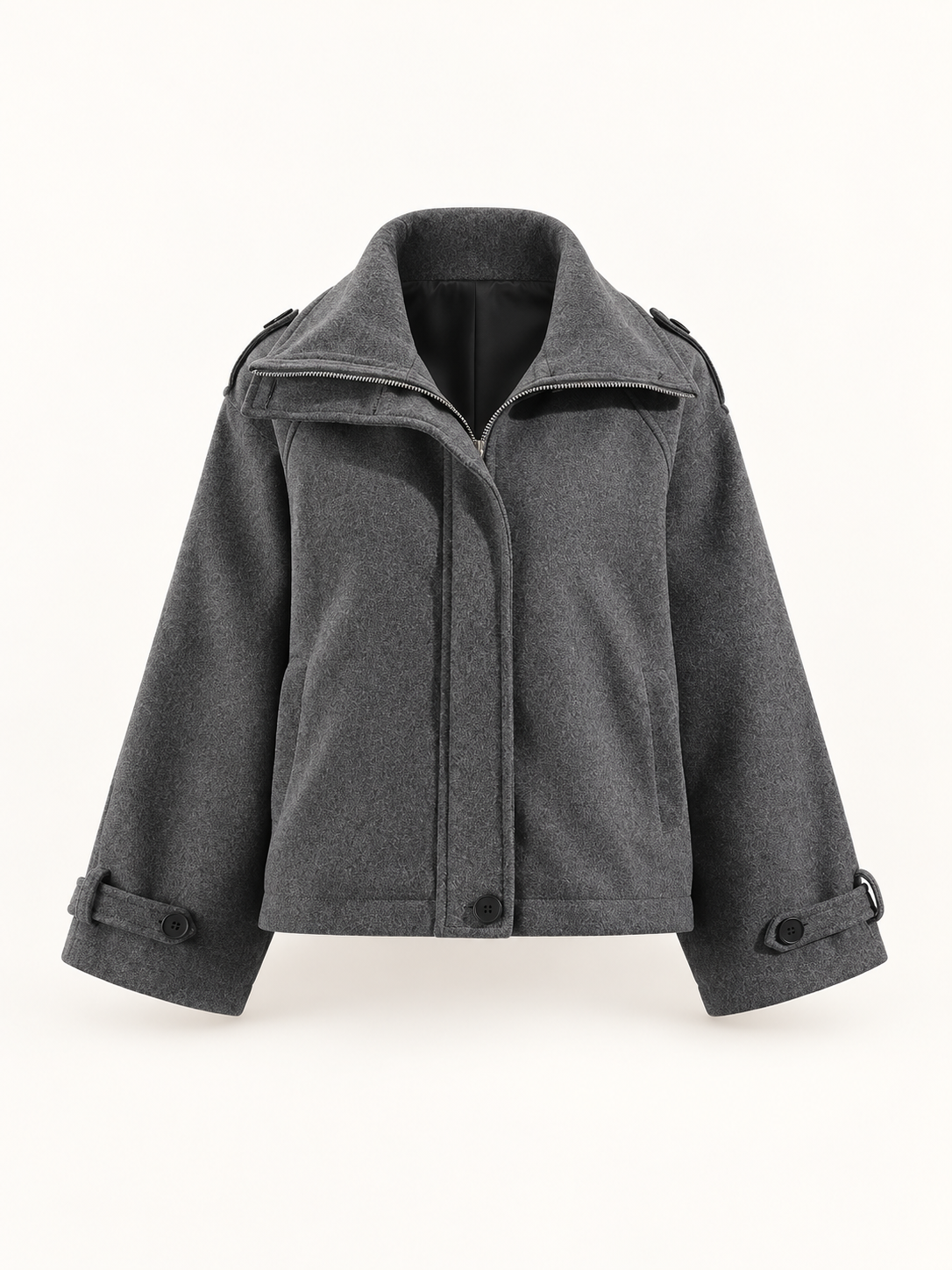 Charcoal stand-collar boxy jacket, front view