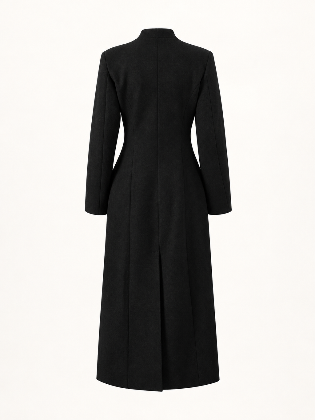Black maxi coat, back view