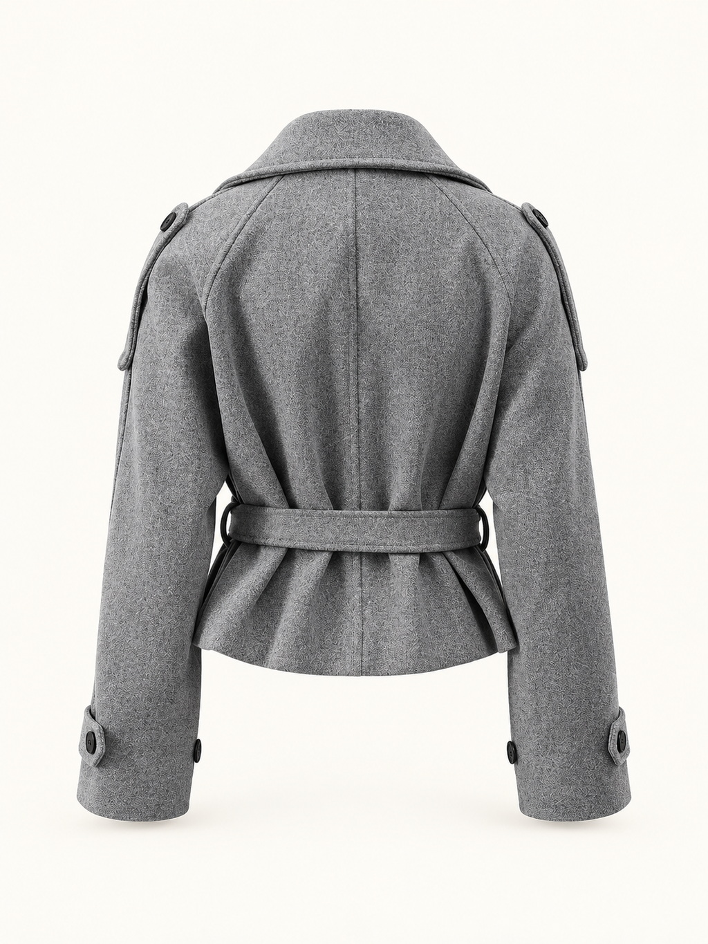 Grey short belted coat, back view