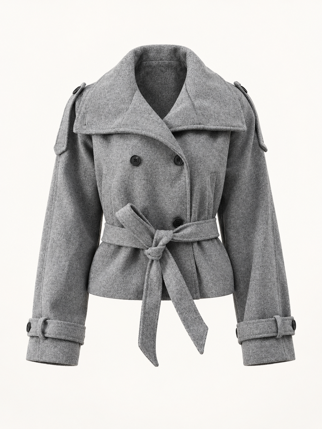 Grey short belted coat, front view