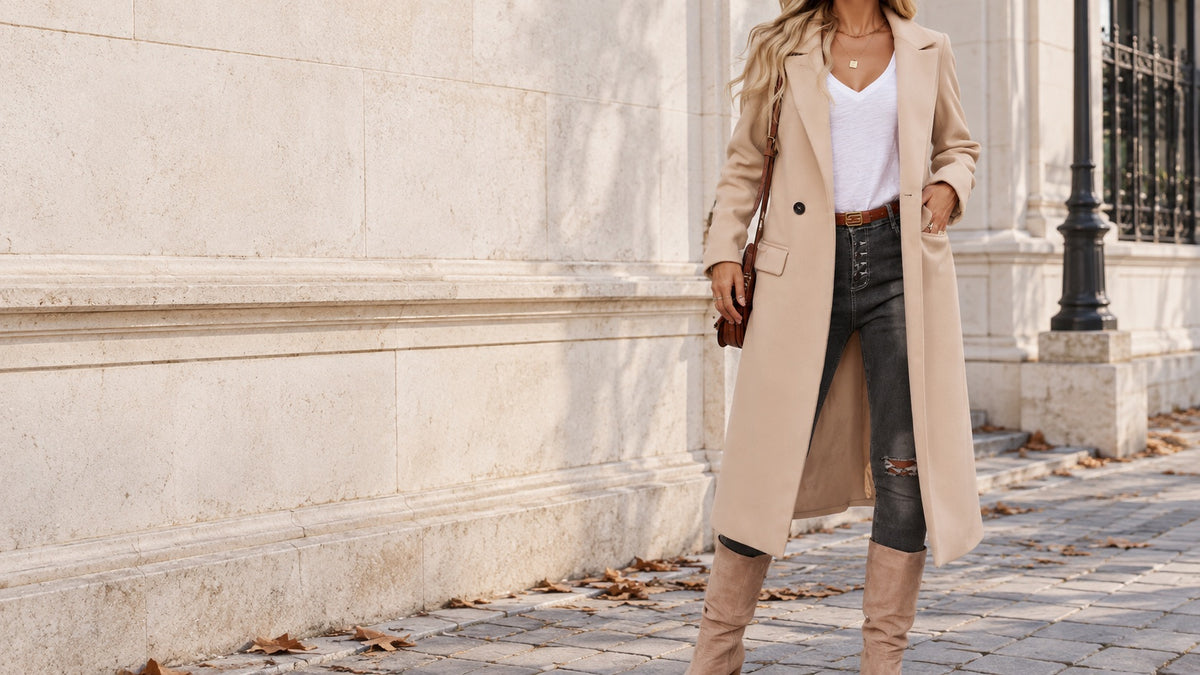 AI-generated editorial styling of the referenced apricot lapel coat; product details should be checked against listing photographs.