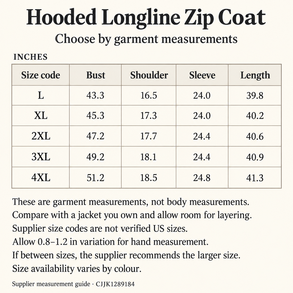 Hooded longline zip coat supplier garment measurements in inches, L to 4XL. Supplier size codes are not verified US sizes; full measurements and tolerances also appear in the product description.