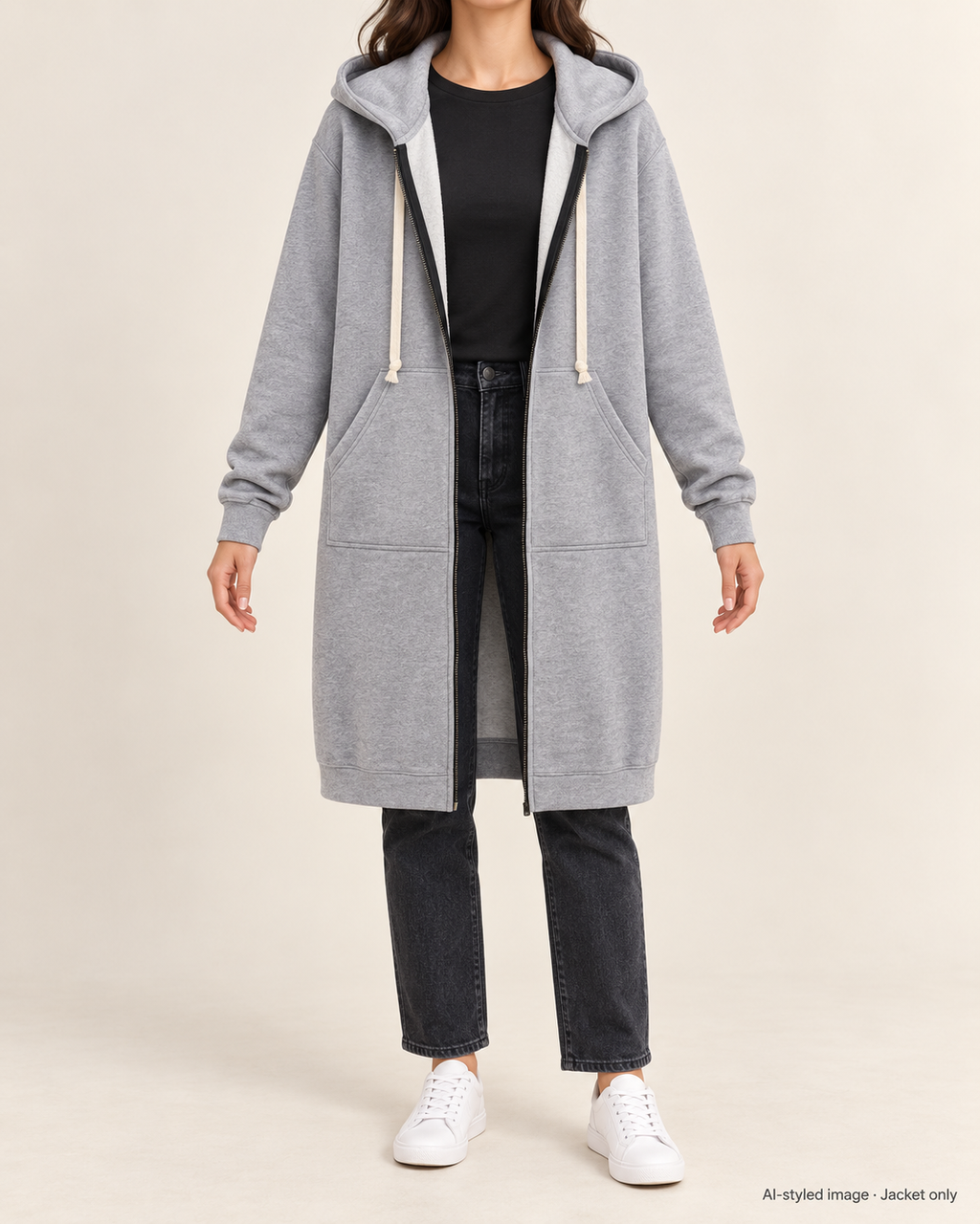 Grey hooded longline zip coat, faceless front styling view. Jacket only; other clothing not included.
