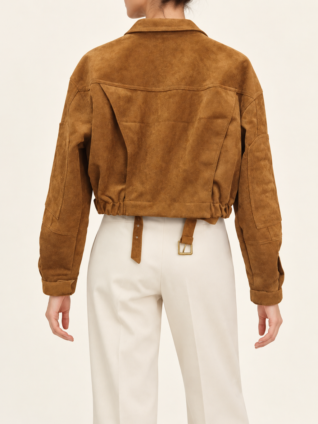 Brown cropped zip jacket with belt, back view on model