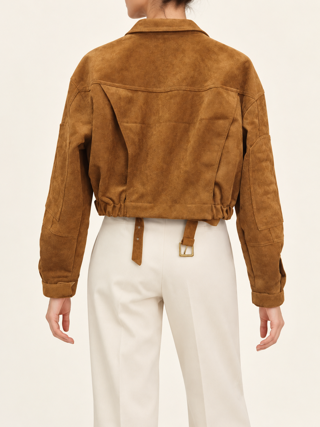 Brown cropped zip jacket with belt, back view on model
