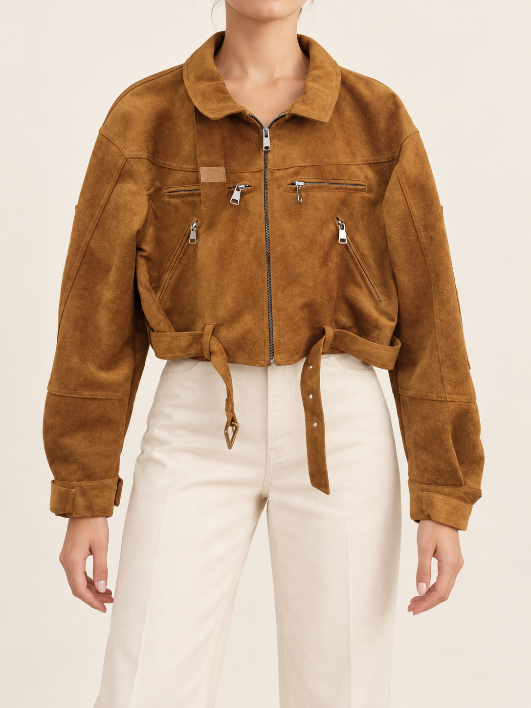 Brown cropped zip jacket with belt, front view on model