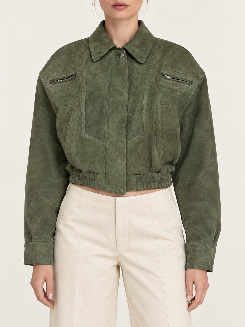 Green cropped jacket, front view on model